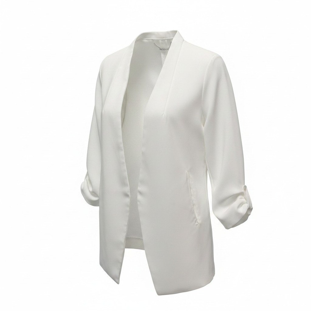 Tahari Blazer Women Small White Excellent Ruched 3/4 Sleeve Open Front Longline